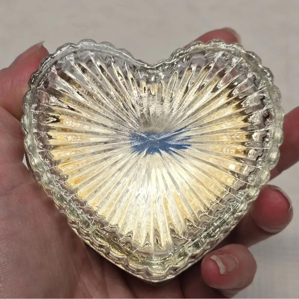 Vintage Silver Plated Butterfly Floral Lid Heart Shaped Glass Trinket Box